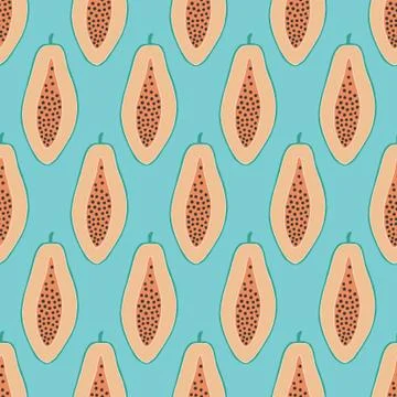 Pop papaya repeat seamless pattern. Blue background. I Stock Illustration
