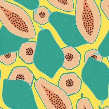 Pop papaya repeat seamless pattern. Yellow background. I Stock Illustration