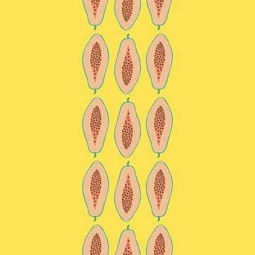 Pop papaya repeat seamless vertical border. Yellow background. Stock Illustration