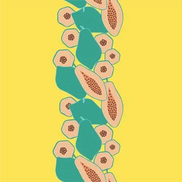Pop papaya repeat seamless vertical border. Yellow background. Stock Illustration