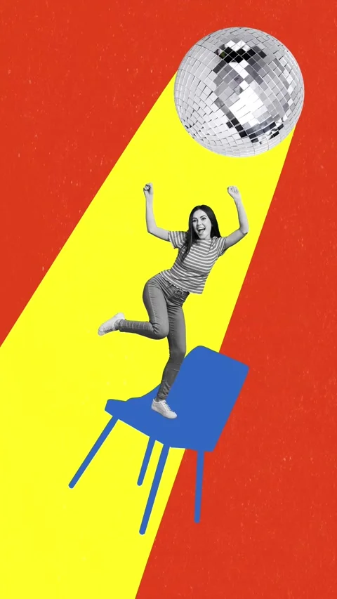 Pop poster motion trend collage video of happy girl dance chair disco ball party Stock Footage 310671164