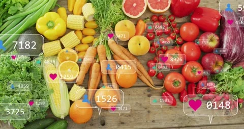 Pop-ups starting over arranged produce, bubbles growing and shifting, settling, Stock Footage 323336118