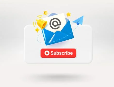 Pop up window with red button, blue envelope and golden bell. Subscribe con.. Stock Illustration