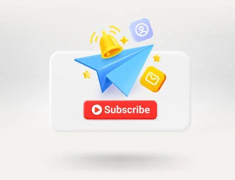 Pop up window with red button, blue plane, icons and golden bell. Subscribe.. Stock Illustration