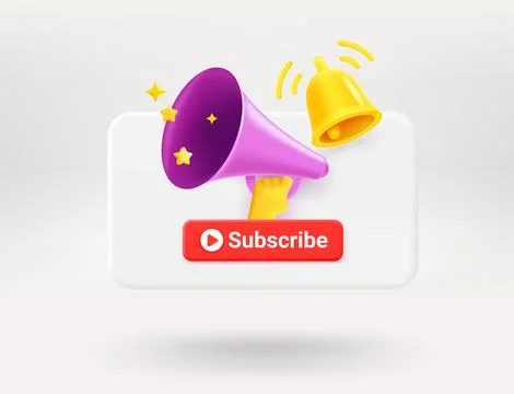 Pop up window with red button, golden bell and bullhorn. Subscribing news c.. Stock Illustration
