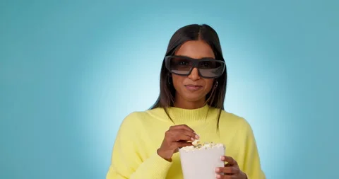 Popcorn, 3d comedy movie or happy woman Stock Video Pond5