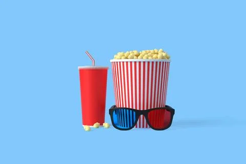 Popcorn, 3D glasses and disposable cups of red cola on a blue background Stock Illustration