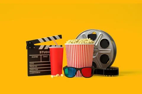 Popcorn, 3D glasses, disposable cups of red cola, film reel and clapboard Stock Illustration