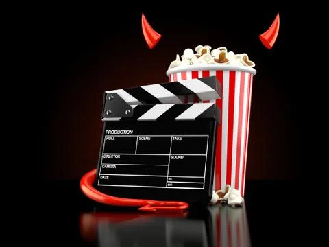 Popcorn and clapboard with devil horns and tail Stock Illustration