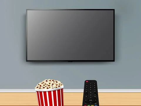 Popcorn and remote control in front of tv screen. Watching online tv with r.. Stock Illustration