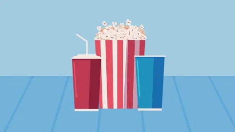 Popcorn box and drinks appearing on a wooden table animated video clip, dyn.. Stock Footage 333721603