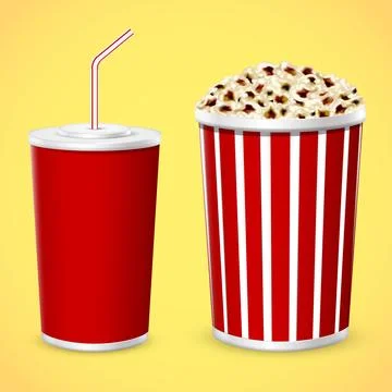 Popcorn in box with cola cup in takeaway cup isolated on yellow background Stock Illustration