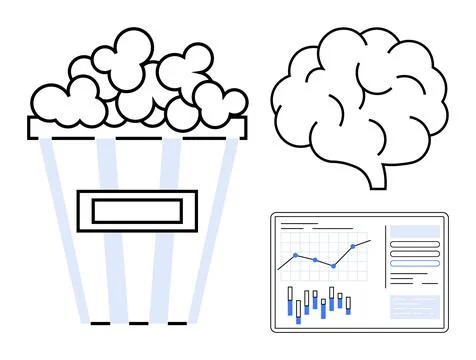 Popcorn box next to a brain and data chart with bar graphs and line graphs. I Stock Illustration