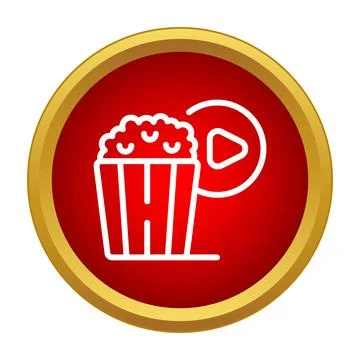 Popcorn bucket and play button icon in red circle Stock Illustration