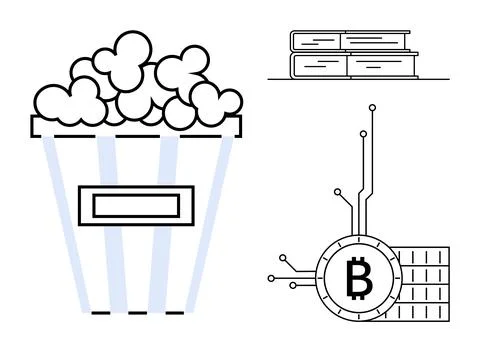 Popcorn bucket, books stack, and bitcoin symbol interconnected with circuitry Stock Illustration