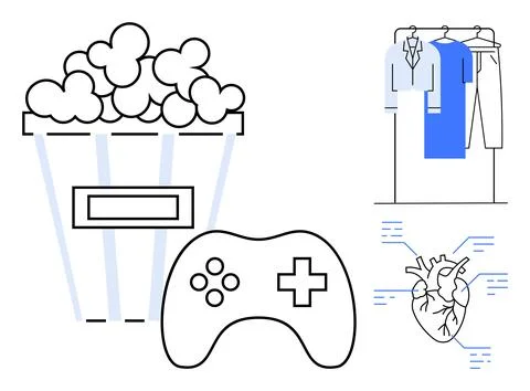 Popcorn bucket, game controller, heart diagram, and clothing on rack. Ideal f Stock Illustration