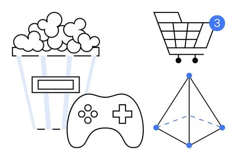 Popcorn bucket, game controller, shopping cart with notification, and geometr イラスト素材