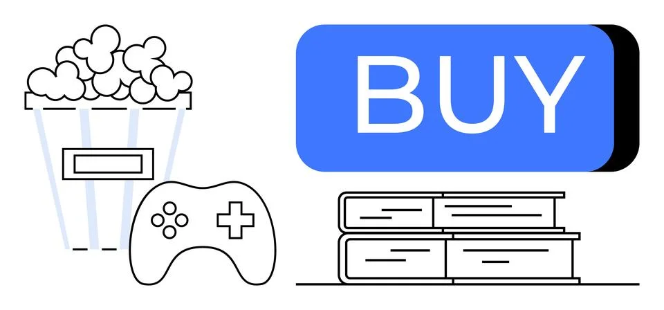 Popcorn bucket, game controller, stack of books beside a large blue BUY butto 스톡 일러스트