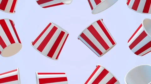 Popcorn Buckets Falling on a Light Blue Background. Popcorn Box 3D Animation. 4K Stock Footage 304758895