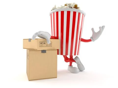 Popcorn character with stack of boxes Illustrazione stock