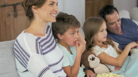 Popcorn family movie at home Stock Footage