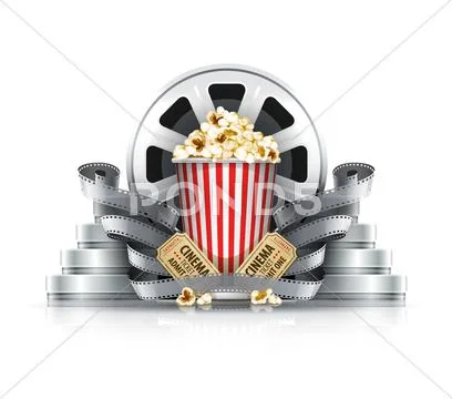 Popcorn film-strips and disks with cinema tickets to movie theater Stock Illustration