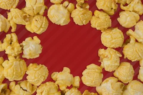 Popcorn flat lay composition on color background. cinema snack concept Modern Stock Photos