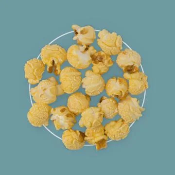 Popcorn flat lay composition on color background. cinema snack concept Modern Stock Photos