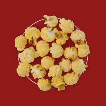 Popcorn flat lay composition on color background. cinema snack concept Modern Stock Photos