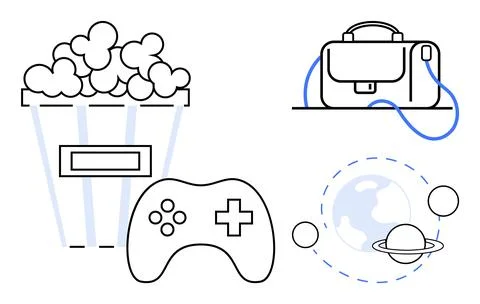Popcorn, Game Controller, Briefcase, and Solar System Elements Representing.. Stock Illustration