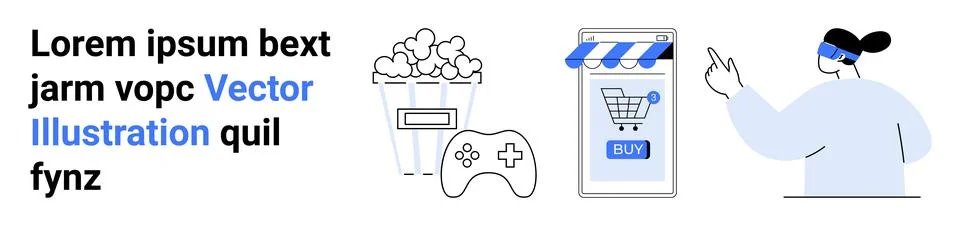 Popcorn, game controller, e-commerce shopping on tablet, hand pointing. Ideal 库存插图