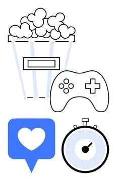 Popcorn, Game Controller, Heart Notification, and Stopwatch Icons Represent.. Stock Illustration