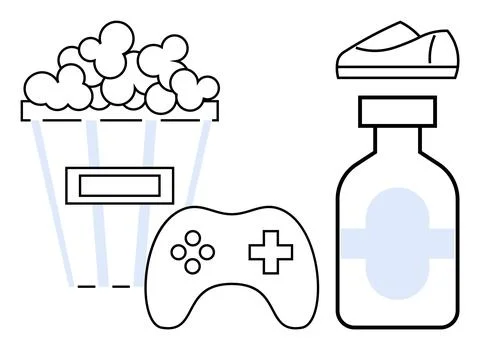 Popcorn, Game Controller, Soda Bottle, and Sneakers - Elements of Leisure a.. Stock Illustration