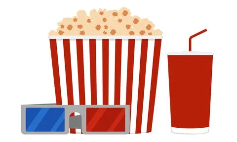 Popcorn, glasses and a drink. Everything for watching a movie at the cinema. Stock Illustration