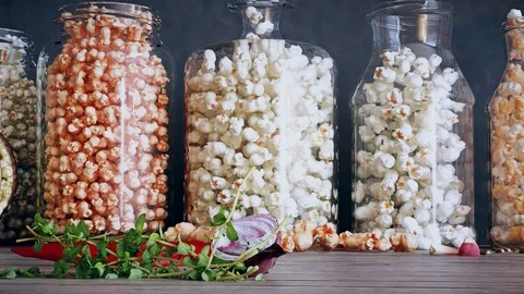 Popcorn In Jars Stock Footage 108576272