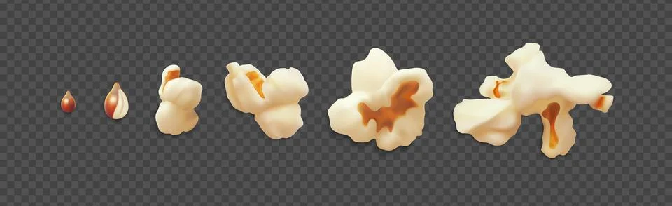 Popcorn kernel realistic 3D vector set of images different sizes, popping corn Stockillustratie