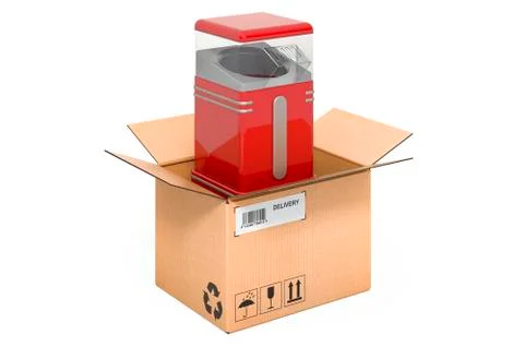 Popcorn maker inside cardboard box, delivery concept. 3D rendering Stockillustratie