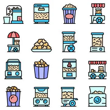 Popcorn maker machine icons set vector flat Ilustración de archivo