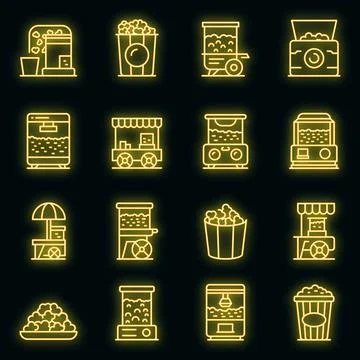 Popcorn maker machine icons set vector neon Ilustración de archivo