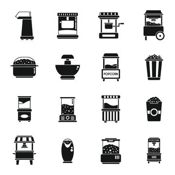 Popcorn maker machine icons set simple vector. Cinema corn Illustrazione stock