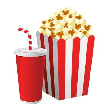 Popcorn In Red and White Cardboard Box and Soda paper cup. イラスト素材