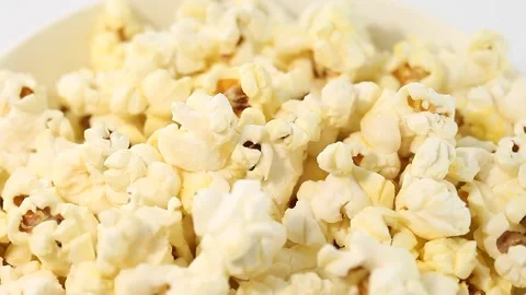Popcorn salted corn, cooked, in white, bowl, rotation counterclockwise 스톡 동영상 150638400