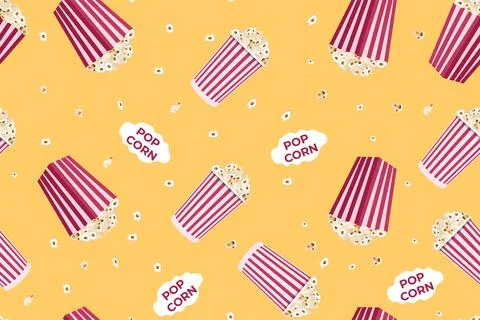 Popcorn seamless pattern. Vector illustration isolated on yellow background Stock Illustration