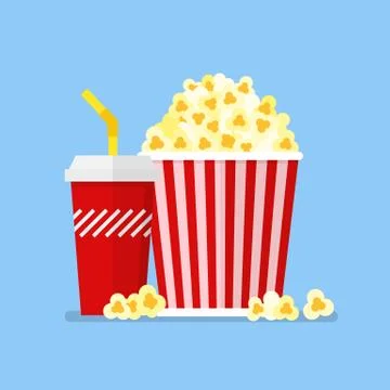 Popcorn snack and drink in flat style Stock Illustration