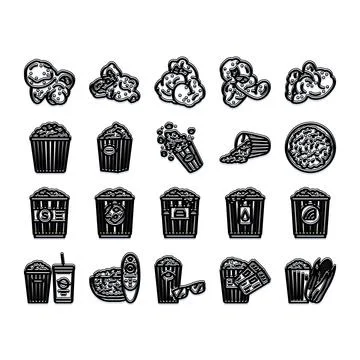 Popcorn snack elements creating film cinema icons set Illustrazione stock