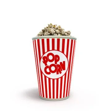 Popcorn in striped bucket 3d render on white background Stock Illustration