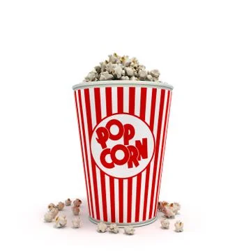 Popcorn in striped bucket 3d render on white background Stock Illustration