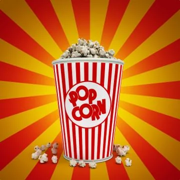 Popcorn in striped bucket 3d render Stock Illustration