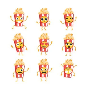 Popcorn- vector set of mascot illustrations. Stock Illustration