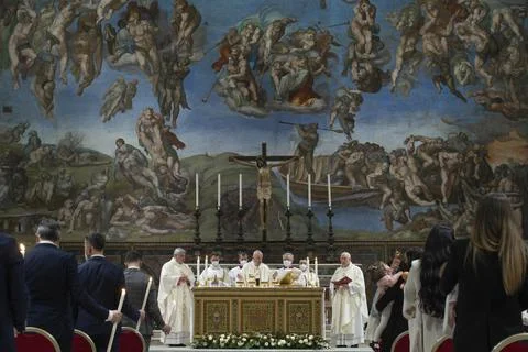Pope Francis performs traditional mass baptism inside Sistine Chapel, Vatican Ci Stock Photos